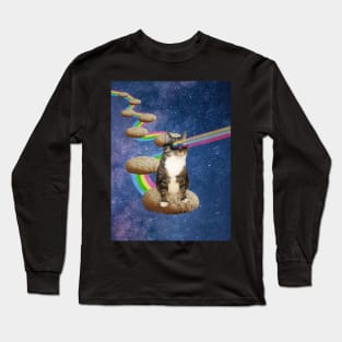 Cute tabby cat in space shooting rainbows from the sunglasses Long Sleeve T-Shirt
